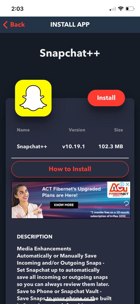Install SnapChat++ App by Tapping on it