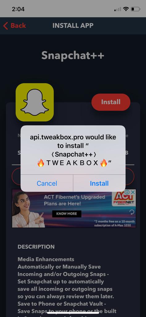 Installed SnapChat++ on iOS 