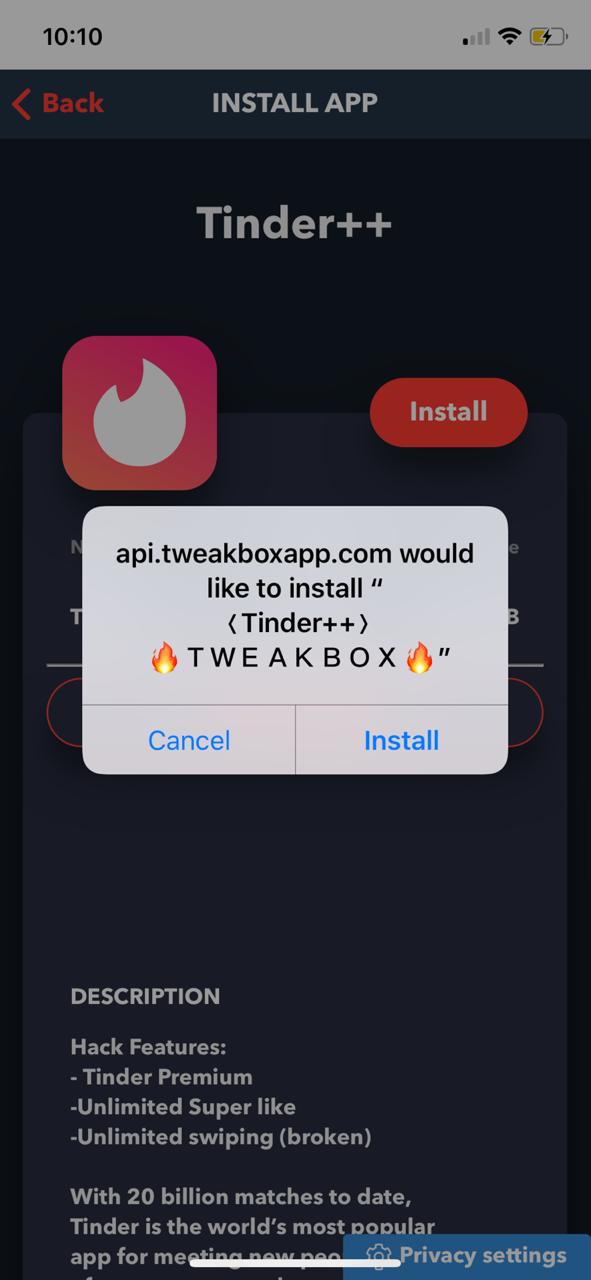 Tinder++ on iOS - TweakBox