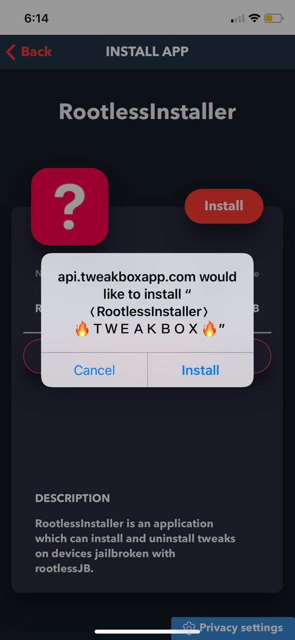 Tap on Install Rootless Installer on iPhone/iPad