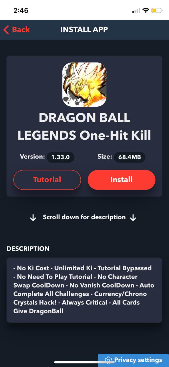 Install Dragon Ball Legends One-Hit Kill on iOS